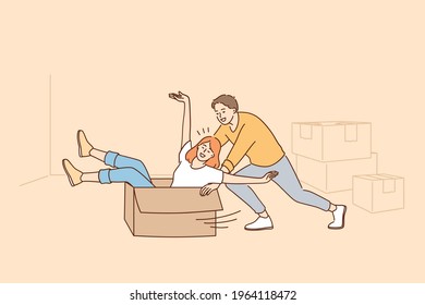 Having Fun during renovation in apartment concept. Happy young couple cartoon characters rolling in cardboard box during renovation and works or relocation vector illustration 