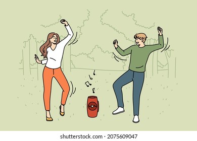 Having fun and entertainment concept. Young smiling couple cartoon characters dancing together with music from column having fun in park vector illustration 