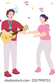 Having fun and entertainment concept, Young smiling couple  dancing together with music Life satisfaction symbol, positive and pleasant emotion scene sign,  Subjective well-being stock illustration