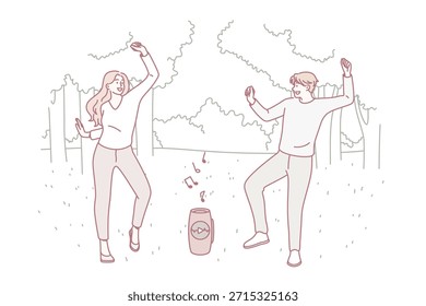 Having fun and entertainment concept. Young smiling couple cartoon characters dancing together with music from column having fun in park vector illustration