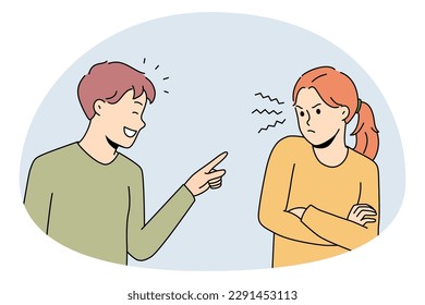 Having fun and laughing concept. Smiling boy standing pointing at irritated stressed girl having fun and kidding having problems in communication vector illustration