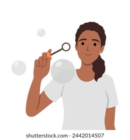 Having fun, leisure concept. Positive young pretty girl standing playing with air bubbles blowing air bubble toy like little child, having fun. Flat vector illustration isolated on white background