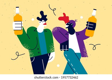 Having fun, male company concept. Excited young men in casual clothes holding beer drink and having fun together vector illustration 