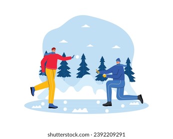 Having fun on holiday with family, playing in the snow while joking, winter vector illustration.