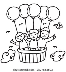 Having fun on a hot air balloon. Hand drawn vector illustration. Black and white.