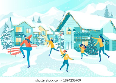 Having Fun Outdoors in Winter. Happy United Family Spending Precious Time Together in Festive Suburban Street, Decorated with Christmas Lights. Three Kids Playing Snowy Dodgeball with Mom and Dad.