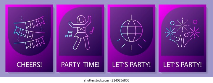 Having fun at party postcards with linear glyph icon set. Greeting card with decorative vector design. Simple style poster with creative lineart illustration. Flyer with holiday wish
