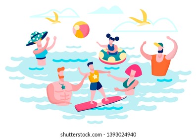 Having Fun in Sea, Ocean, Swimming Pool People Flat Vector Concept. Parents Helping Boy to Learn Ride on Surfboard, Mother Playing Ball with Daughter in Water Illustration. Summer Recreation on Beach