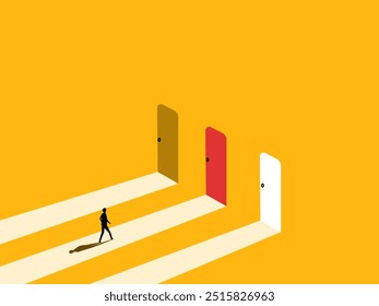 Having a goal, inspiration, choosing success. Businessman chooses the red door