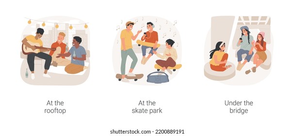 Having Good Time Isolated Cartoon Vector Illustration Set. Diverse Teens Hanging Out Together At The Rooftop, Leisure Time At The Skate Park, Teenage Girls Skating Under The Bridge Vector Cartoon.