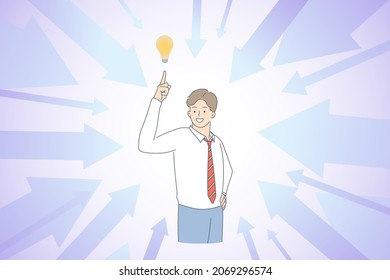 Having great business idea concept. Young smiling businessman cartoon character standing pointing at light bulb above vector illustration 