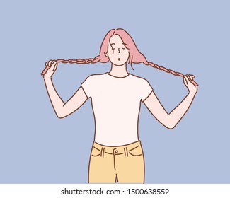 Having hair in two plaits. Adorable girl holding pigtails hair. purple background. Hand drawn style vector design illustrations.