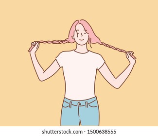 Having hair in two plaits. Adorable girl holding pigtails hair. yellow background. Hand drawn style vector design illustrations.