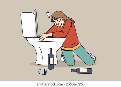 Having hangover after party concept. Young woman cartoon character sitting on knees embracing toilet with bottles of wine standing on floor feeling sick vector illustration 
