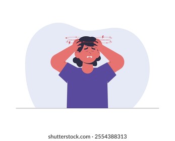 Having a headache can be seen from the uncomfortable expression on his face, the red circle around the head illustrates the dizzy sensation that is felt, a vector illustration of a health problem.