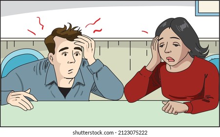 Having headache and pain concept. Man and woman touching heads having headache or migraine
