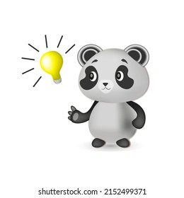 Having an idea concept with a light bulb.Vector 3d illustration, cute panda came up with an idea, points to a light bulb. Kawaii cartoon animal. Suitable for presentations, children's products, books