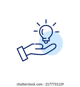 Having an idea creativity process icon. Holding light bulb in a hand. Pixel perfect, editable stroke line art icon