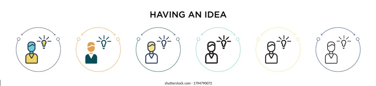 Having an idea icon in filled, thin line, outline and stroke style. Vector illustration of two colored and black having an idea vector icons designs can be used for mobile, ui, web