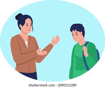 Having Important Conversation With Teen 2D Vector Isolated Illustration. Sad Mother Talking To Son Flat Characters On Cartoon Background. Talking With Kid About Serious Issues Colourful Scene