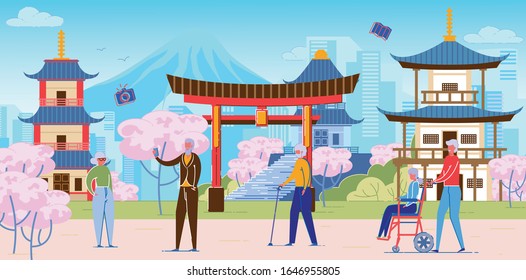 Having Lots Time for Travelling, When You Are Retired. Group Senior People Going Sightseeing in Japan. Grey Bearded Man Taking Selfie against Historical Landmarks. Man Pushing Woman in Wheel Chair.