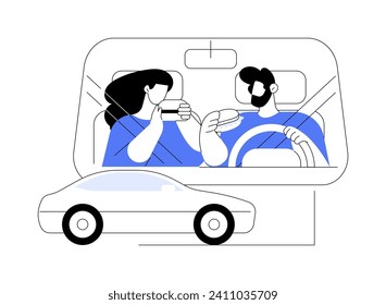 Having lunch isolated cartoon vector illustrations. Happy couple smiling and eating yummy burgers in the car, fast food addiction, takeaway lunch, drive-in restaurant order vector cartoon.