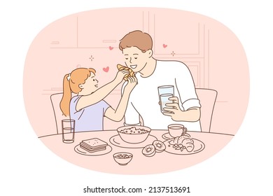 Having meal with family concept. Happy smiling father and daughter sitting and eating croissants and healthy breakfast together vector illustration 