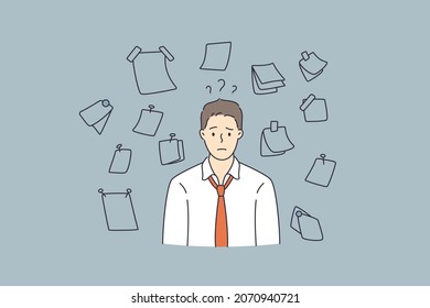 Having much work and duties concept. Young stressed man worker cartoon character standing feeling frustrated with variety of notes papers on wall vector illustration 