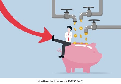 Having multiple sources of income for surviving economic crisis, multiple careers trend concept. Businessman sitting on piggy bank with many coins from pipes and using foot to push falling down arrow.