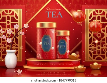 Having a package of tea as family reunion gift, with background of traditional lanterns and ingots, designed in 3D illustration, suitable for business promotion