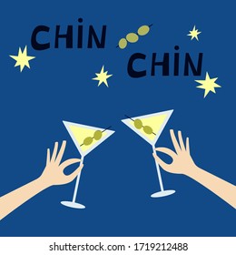 Having party with friends, celebrate together. Chin-chin martini glasses. Lettering typography poster with text.