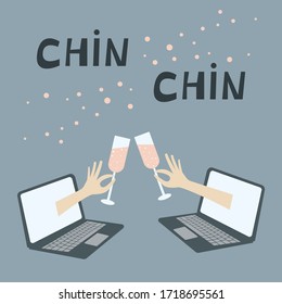 Having party with friends during quarantine. Stay at home and celebrate together. Chin-chin champagne glasses. Lettering typography poster with text for self quarantine times.