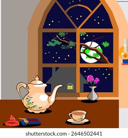 having a peaceful night cofee time, behind the window, watching full moon on the  starry night.
