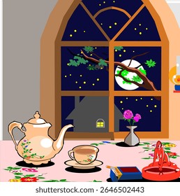 having a peaceful night cofee time, behind the window, watching full moon on the  starry night.