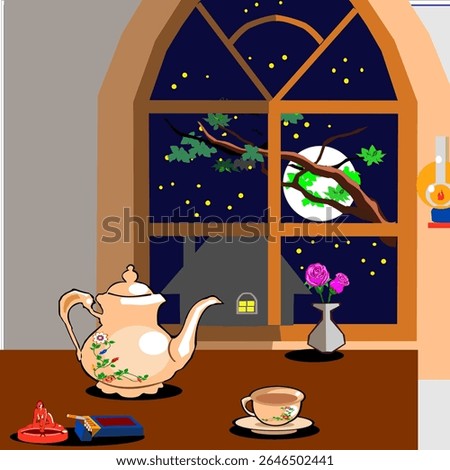 having a peaceful night cofee time, behind the window, watching full moon on the  starry night.