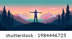 Having a personal adventure - Person standing in front of sun with arms out, watching the beauty of nature and feeling the warmth of the sun. Happiness and personal freedom concept. Vector