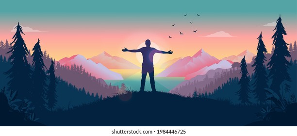 Having a personal adventure - Person standing in front of sun with arms out, watching the beauty of nature and feeling the warmth of the sun. Happiness and personal freedom concept. Vector - Shutterstock ID 1984446725