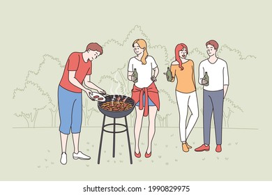 Having Picnic And Barbecue Concept. Group Of Young Happy Smiling Friends People Standing Chatting Having Bbq Party With Drinks Outdoors On Nature Vector Illustration