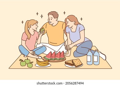 Having picnic and leisure time with family concept. Smiling happy family father mother daughter sitting together eating fruits having picnic vector illustration 