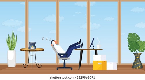 Having Relax at Office and Relaxation at Work, Irresponsible and Careless Employee taking Relax, Legs on Table and Computer, Sleeping at work Less Dedicated employee. Taking rest at break time office