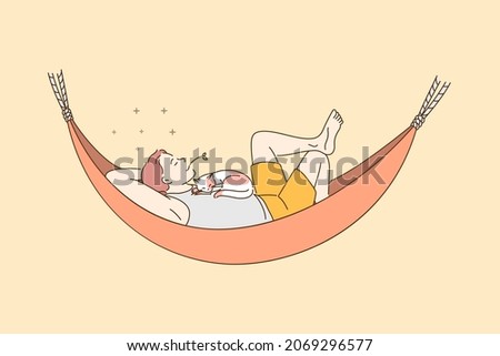 Having rest and enjoying vacations concept. Young positive man lying relaxing in hammock with cat on his breast vector illustration 