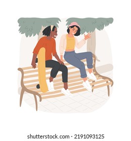 Having rest isolated cartoon vector illustration. Couple hanging out at park with skateboard, spending weekend together, sitting with feet on bench, having conversation vector cartoon.