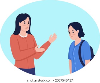 Having Serious Conversation With Child 2D Vector Isolated Illustration. Unhappy Mother Talking To Daughter Flat Characters On Cartoon Background. Difficult Issues Discussion Colourful Scene