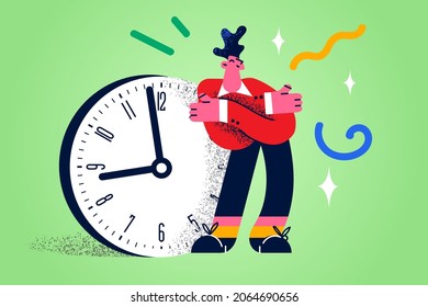 Having time and confidence concept. Young positive businessman cartoon character standing embracing shoulders with huge clock at background vector illustration 