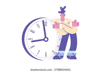 Zeit- und Vertrauenskonzept. Junger positiver Geschäftsmann Cartoon-Charakter, der Schultern mit riesiger Uhr umarmt, Vektorgrafik im Hintergrund
