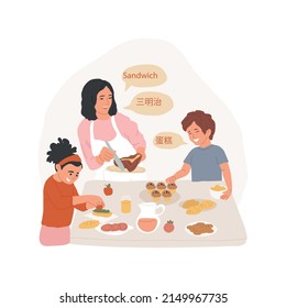 Having traditional food isolated cartoon vector illustration. Children have typical snacks, cultural exchange, traditional food, cooking class, bilingual kindergarten, education vector cartoon.