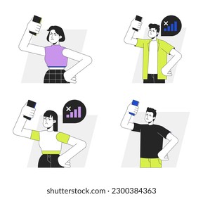 Having trouble with phone flat line vector spot illustration set. 2D cartoon outline characters on white for web UI design. Difficulties with smartphone editable isolated colorful hero image pack