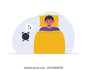 Having trouble sleeping, like suffering from insomnia, facial expression shows discomfort, clock beside him shows bedtime but he stays awake, vector illustration of health problem.