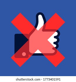 Havirov,  Czechia - July 7, 2020:  Boycott And Shutdown Of Facebook, Social Media And Social Networking Site. Symbol Of Thumbs-up Is Crossed Out As Metaphor Of Avoidance, Ban And Block.