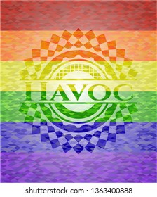 Havoc emblem on mosaic background with the colors of the LGBT flag